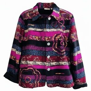 Whimsical Vintage Choices Pink & Purple Striped Floral Embroidered Blazer Large